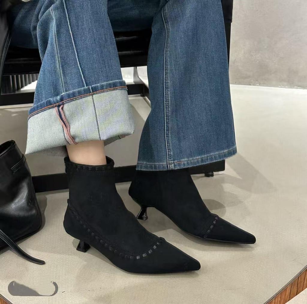Jesień 2025 nowe popularne botki na cienkim obcasie ze szpicem, damskie modne botki w stylu francuskim, temperamentne, wszechstronne, retro, z kwadratowym noskiem