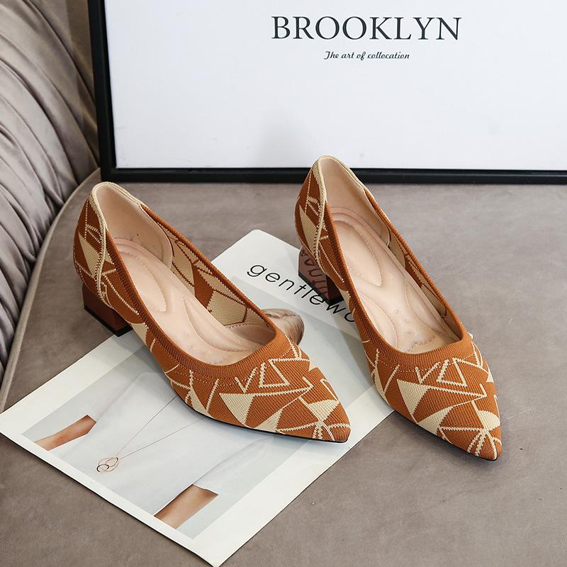 High heels single shoes leopard print flying woven pointed thick heel light mouth medium heel woven high heels women