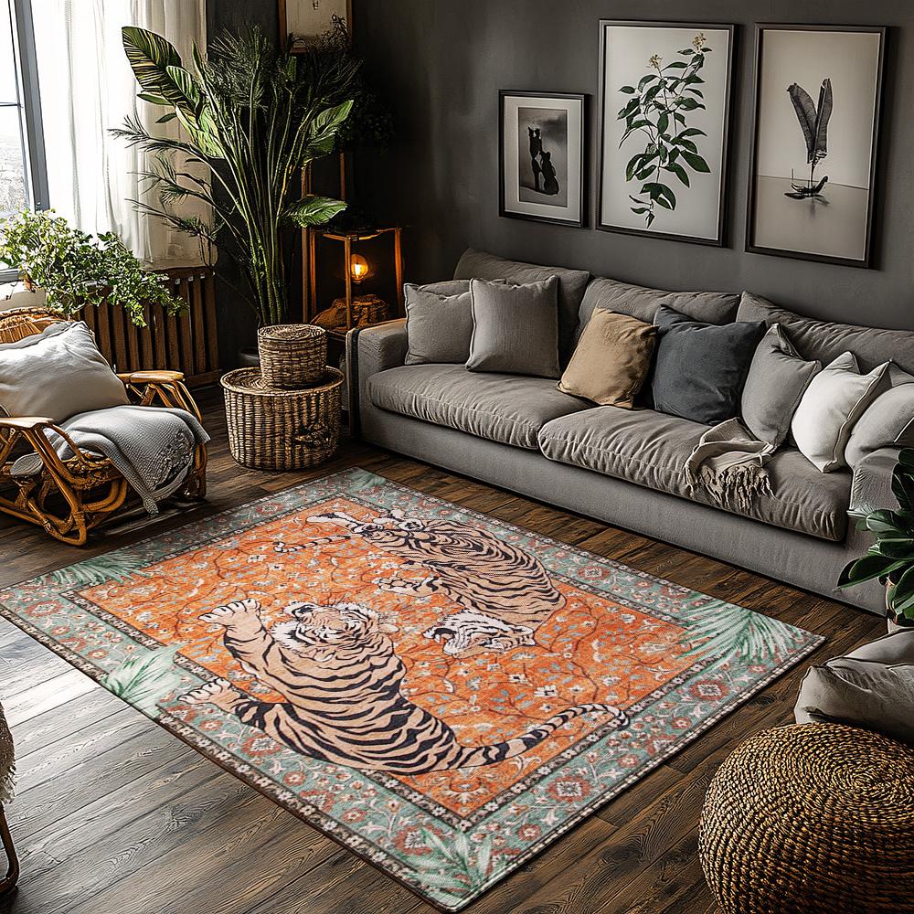 

Orange Red Tiger Pattern Bohemian Rug, Ethnic Border Non-Slip Carpet, Plush Living Room Mat for Jungle Theme Decor 50x80cm20x31in