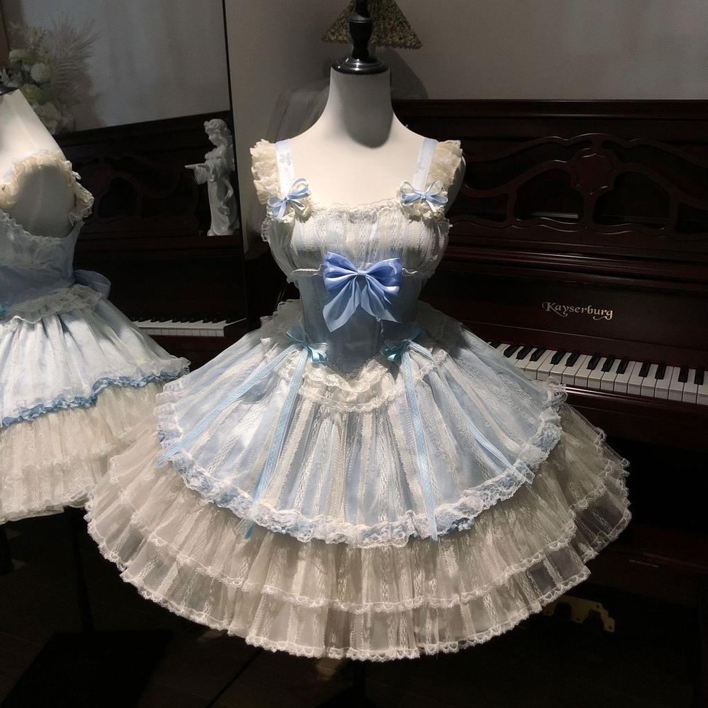Vestito Lolita Cosplay Kawaii Stile Giapponese Donna Vintage Dolce Pizzo Fiocco Volant Vestiti a Torta Harajuku Y2k Vestito Stretto a Fasciatura