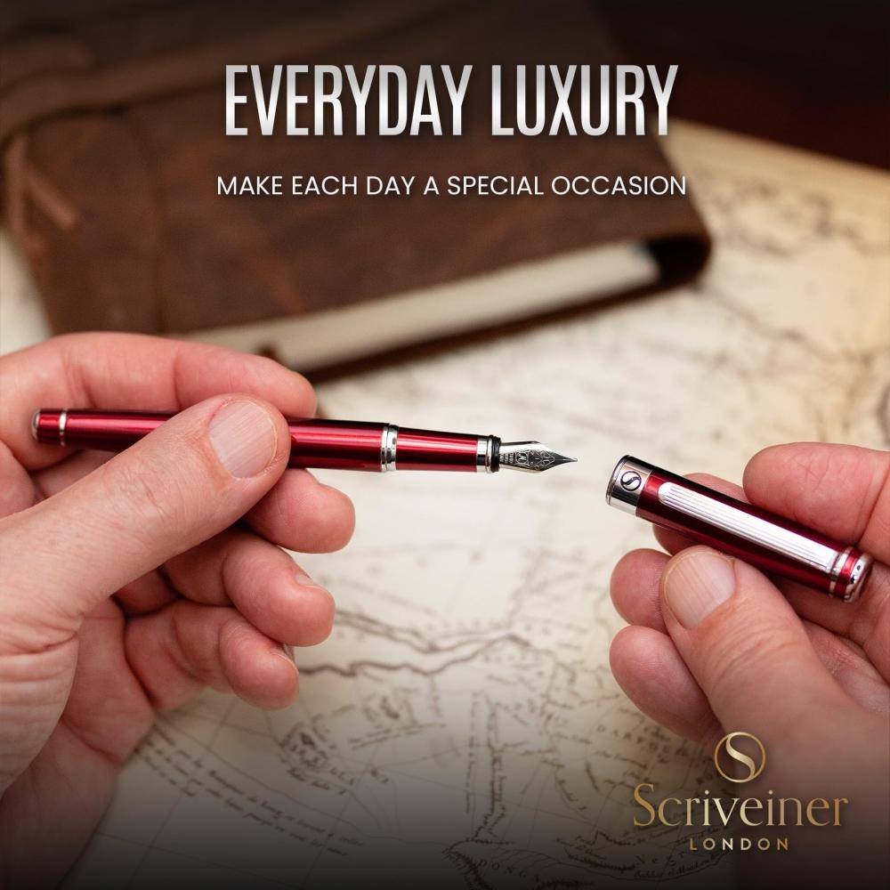 Scriveiner Deep Crimson Red Fountain Pen - Stunning Luxury Pen with Chrome Finish, Schmidt Nib (Medium), Best Pen Gift Set for Men & Women, Profession