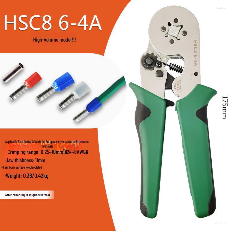 HSC8 6-4A Self-Adjusting Crimping Tool for VE Tube Terminals, 0.25-10mm Range, Quadrilateral Crimping.