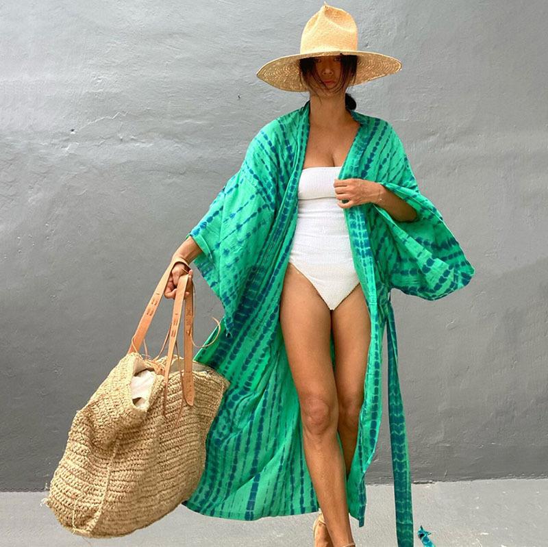 Long Kimono Swimsuit Cover up for Women Stylish Tie Dye Open Front Beach Outfits Bathing Suit
