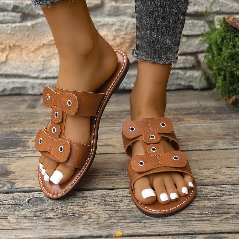 Large size lightweight open-toed flat-bottomed slippers women wear one-word retro beach cool slippers slippers