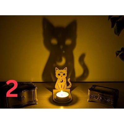 Metal Spooky Skeleton Cat Tealight Holder Novelty Funny Desktop Ornament Hollow Out Candle Holder Shadow Projectors