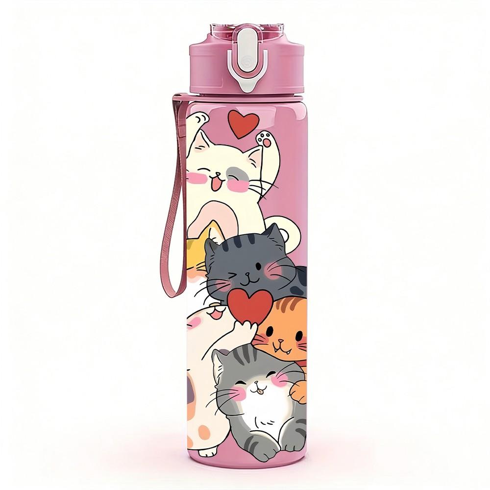 1PC Cute Cat And Kitten Floral Cartoon Print 750ml Color Plastic Sports Water Bottle Leakproof Flip Straw Lid Suitable for Sports Office Home Use