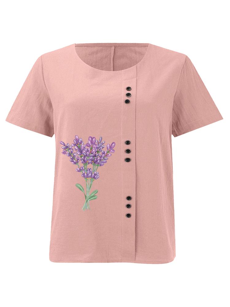 

Women s Fashion Purple Bouquet Printing Shot Sleeve T-shirt Loose Cotton Shirt Casual Loose Summer Blouse Tops Plus Size S