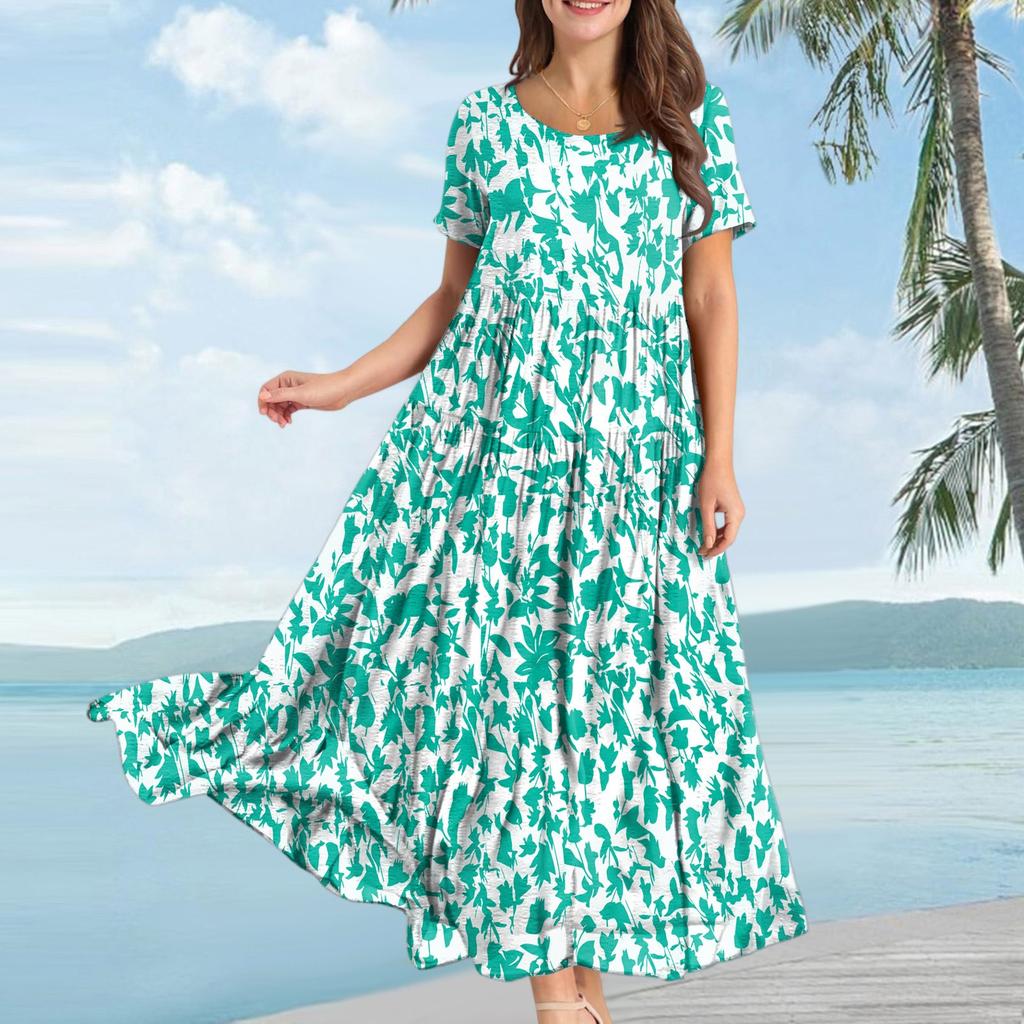 Women Casual Loose Bohemian Floral Dress Short Sleeve Long Maxi Summer Beach Swing Dress