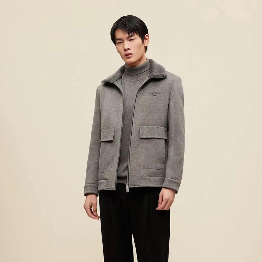Men's Winter Wool-Blend Coat with Faux Fur Collar and Large Pockets