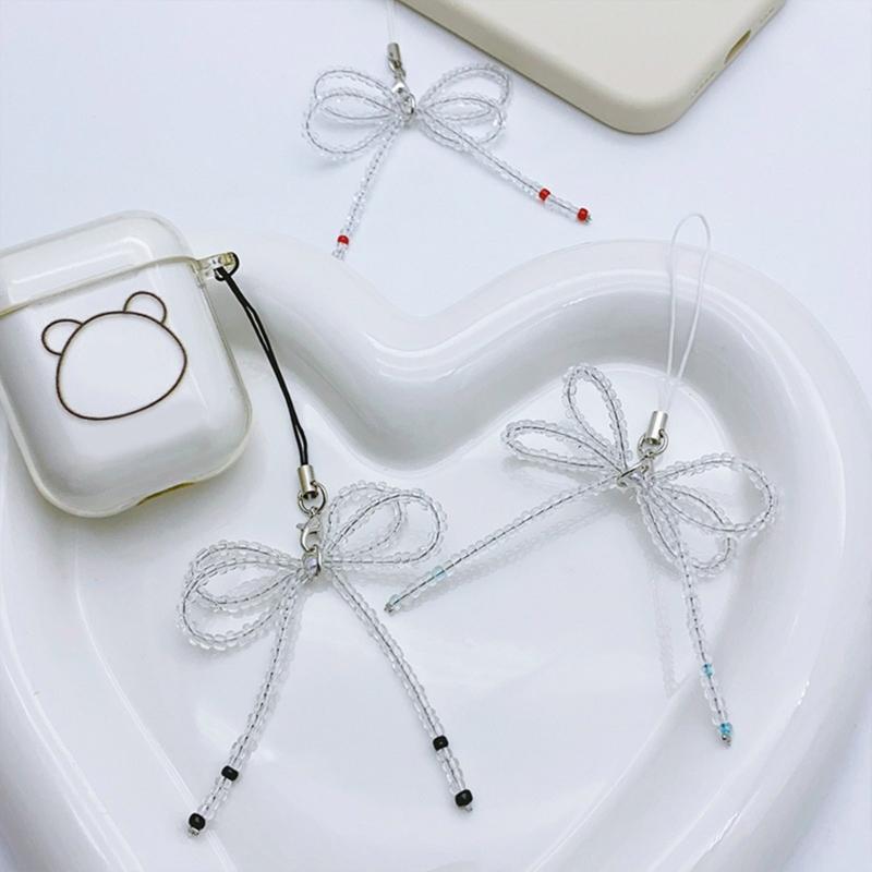 Fashion Glass Beaded Bowknot Phone Charm Straps Y2K Bag Decoration Lanyard Car Keys Hanging Pendants Purse Accessories