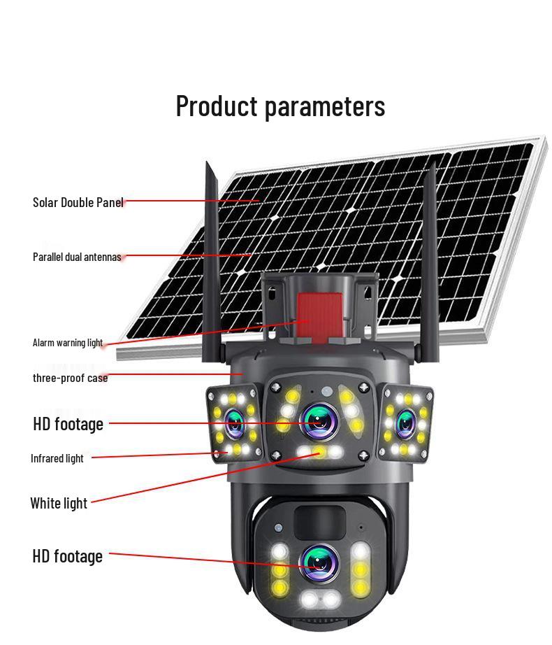 Solar-Powered Outdoor Surveillance Camera with Three-Screen HD Monitoring for Ponds and Orchards