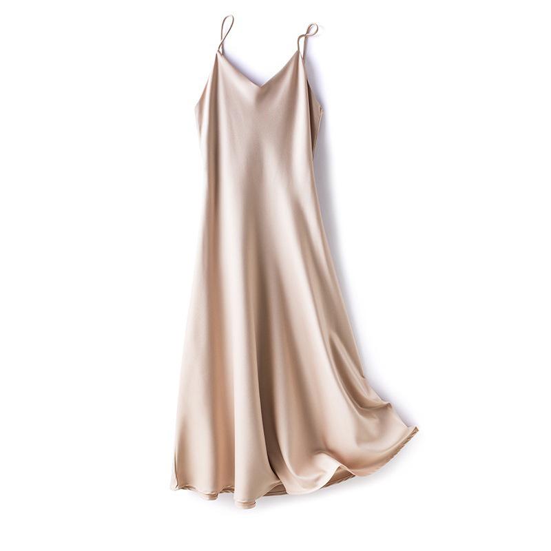 

Летнее французское атласное платье с уксусной кислотой, сексуальное платье на бретелях, женское платье средней длины с однотонной юбкой на подкладке, модная женская одежда S шампанского