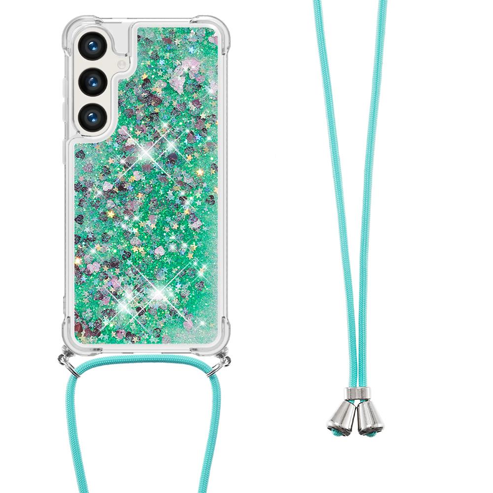 

For Samsung Galaxy S24/Galaxy S25 TPU Case Quicksand Design Phone Cover with Lanyard Green/Hearts
