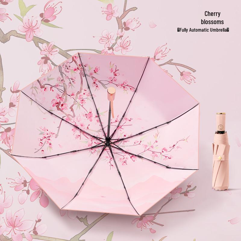 Dreilagiger floraler Automatikschirm mit UV-Schutz, doppelt verwendbar für Sonne und Regen, Digitaldruck mit passendem Griff - Auf Lager