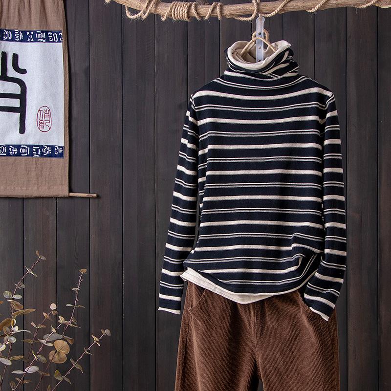 

Striped turtleneck women s autumn and winter new models with foreign style slim fit and thin pile collar bottoming shirt long-sleeved T-shirt ins M чорний