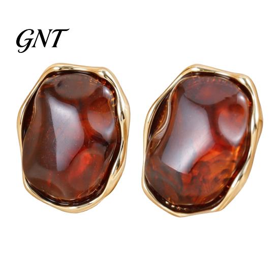 Fashion Statement Earrings for Women 1 Pair Natural Healing Stone Stud Women, Gold Versatile Casual Dress Plated Oval Resin Earrings, Faux Crystal