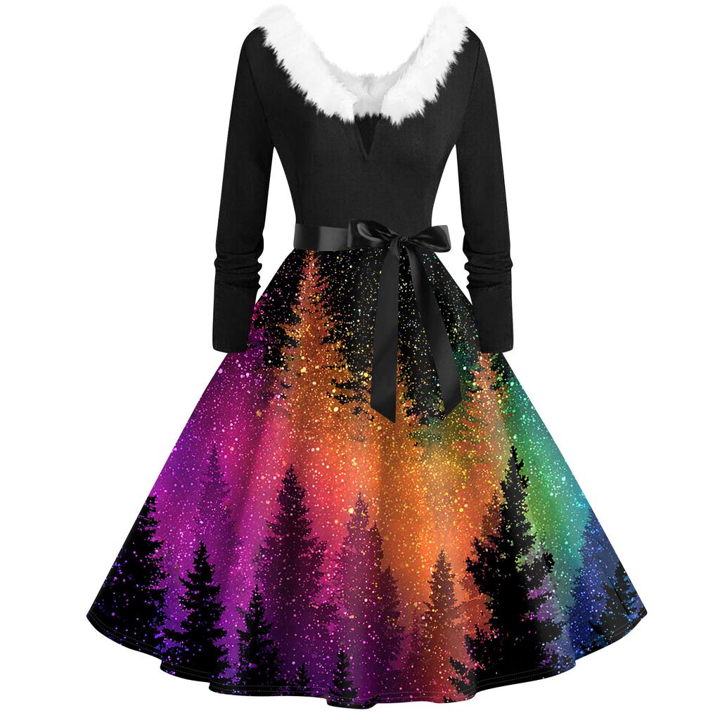 Women's Fashion V-Neck Casual Slim Christmas Printed Long Sleeve Hair Collar Dresses