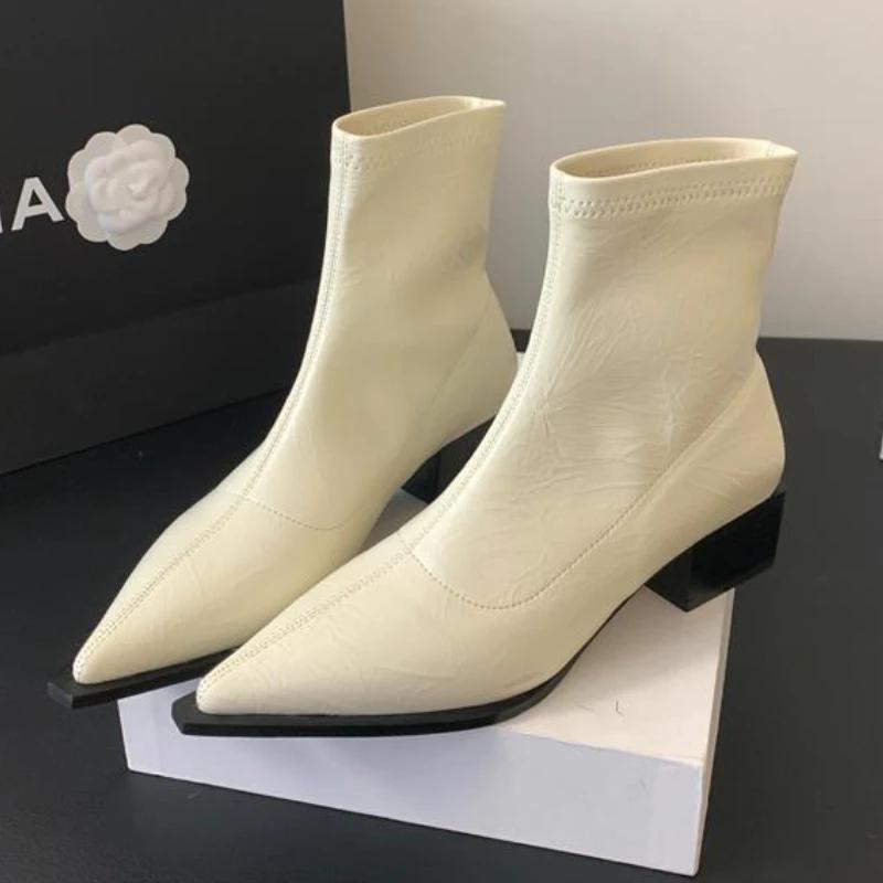 Moda toamnă iarnă cizme femei cu vârf ascuțit cizme chelsea cu toc mic pentru femei cizme scurte de designer punk groase femei