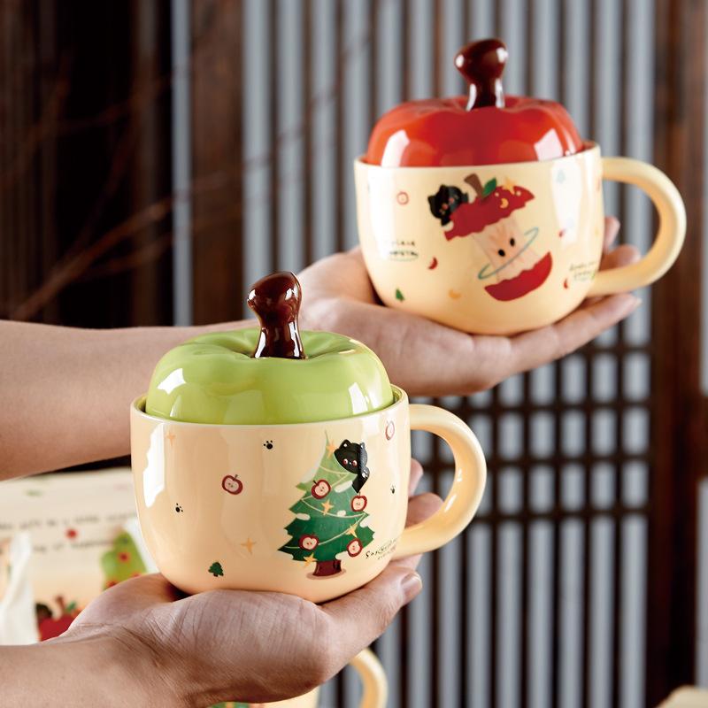 Apple Ceramic Cup Household Water Cup  High Appearance Level  Mug Lid  Spoon Christmas Souvenir Cup Gift Box