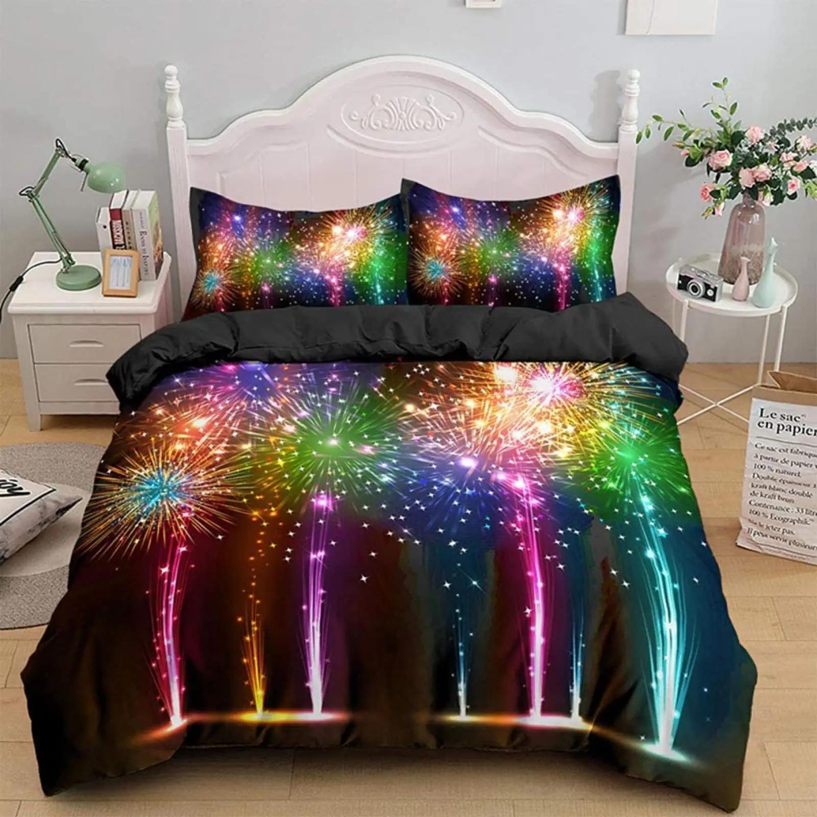 

Fireworks Soft durable Quality Duvet Cover Colourful Fires Celebrate Mery Christmas Theme Polyester for Children Tens Women for Bedrom Decoration 135*200cm Eu-Single