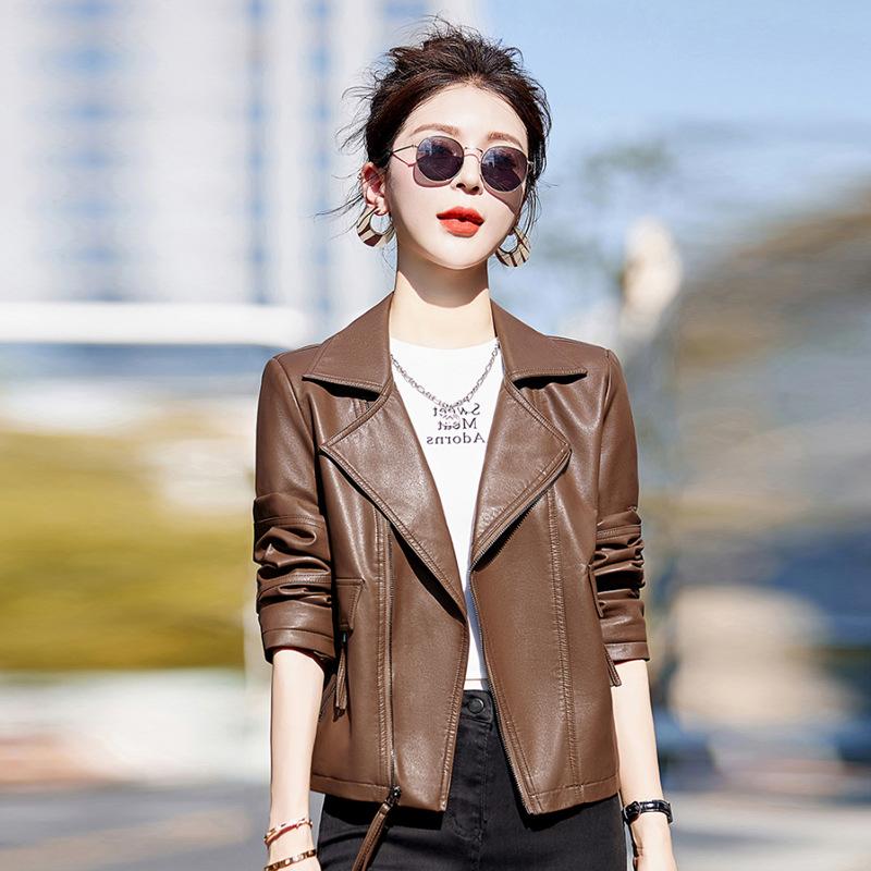 

кожаная куртка с воротником-стойкой, женская куртка, короткая, весенне-осенний стиль, дизайнерская, куртка из вымытой кожи XXXL [Recommended 135~ 74 kg] хаки