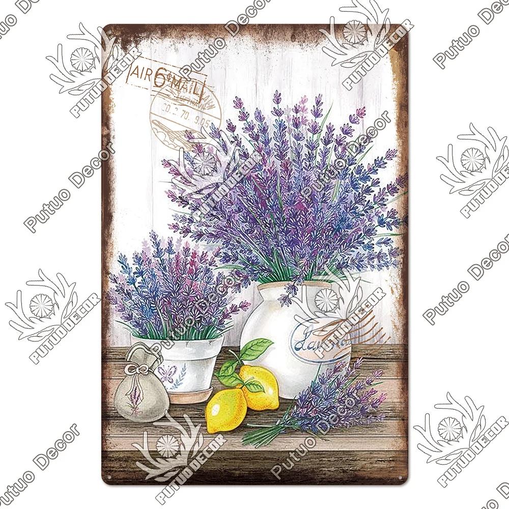 Putuo Decor Lavendel Metallskyltar Plåtposter Metall Vintage Solros Skyltar Retro Blomma Plåtskylt Tusensköna Väggdekor för Hem Trädgård