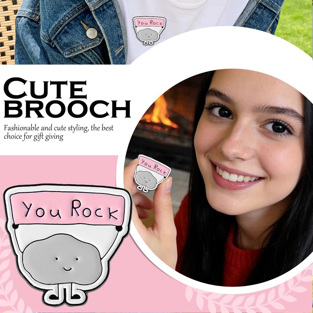 Cute Stone-Shaped Metal Lapel Pin – Adorable Figurine Brooch With Banner, Stylish Enamel Decorative Pin For Clothing Bags