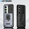 KEYSION Shockproof Armor Case for Redmi 15 169.5mm 171mm Slide Camera Lens Protection Metal Ring Stand Phone Cover for Redmi 5G