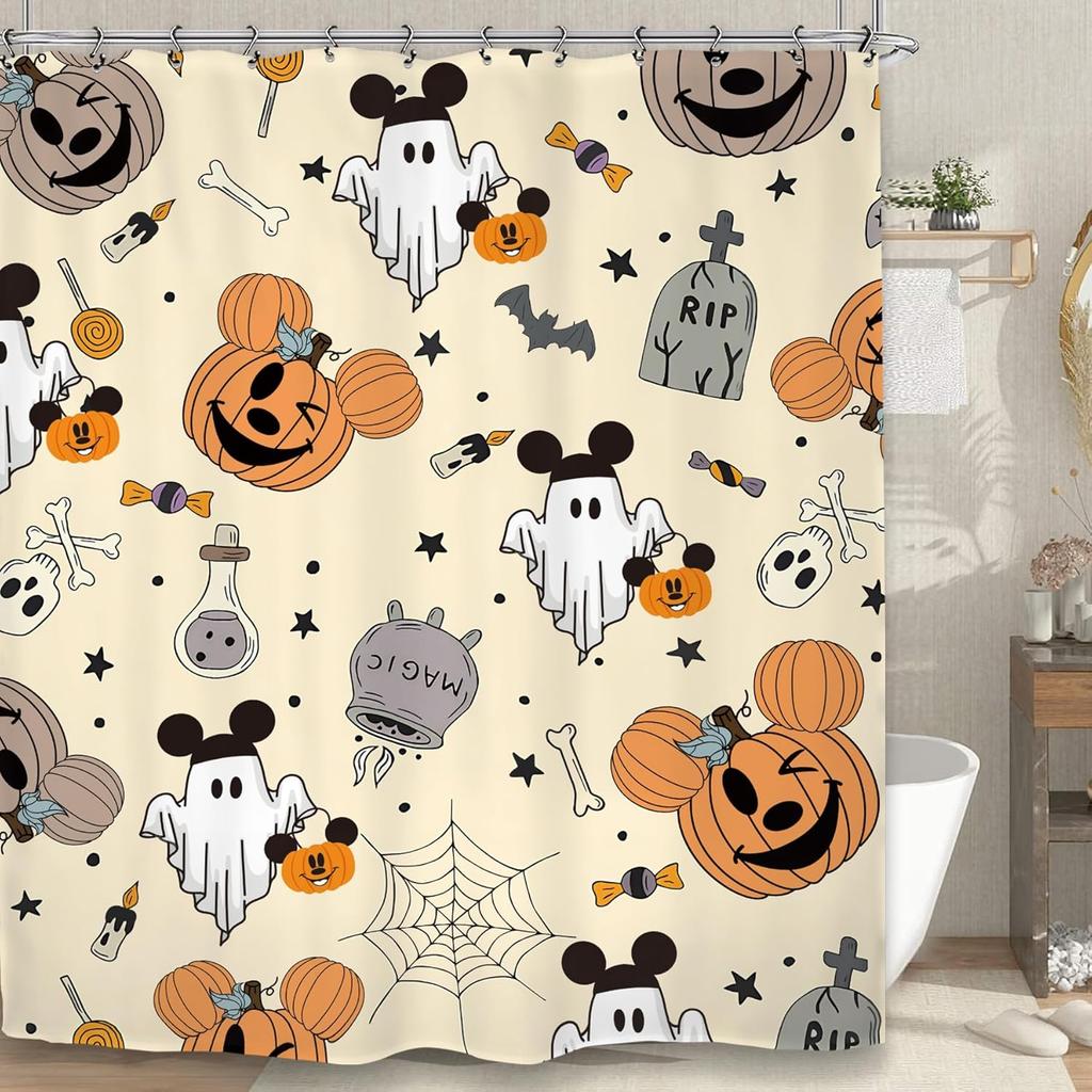 Halloween Pumpkin Ghost Shower Curtain Mouse Head Pumpkin Skull Kids Boys Holiday Scary Horror Spooky Bathroom Set Accessories