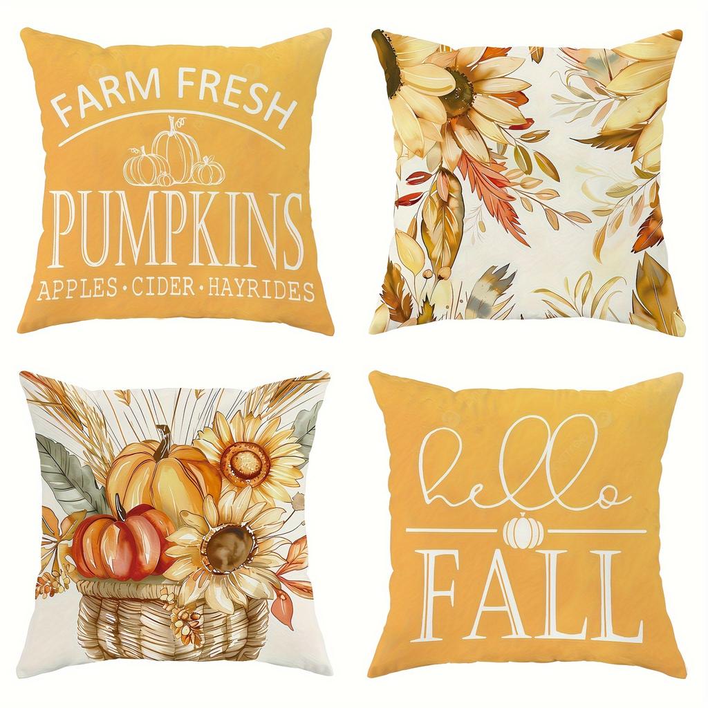 4PCS Fall Harvest Decorative Throw Pillow Covers - Inch, Soft Polyester, Fall Thanksgiving Pumpkin and Yellow and Orange Floral Pattern - Perfect for