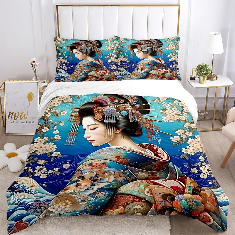 3pcs Anime Kimono Geisha Comforter Set with One Quilt Cover and Two Pillowcases (No Core) - Home Decor, Festival Gift, Polyester Fabric, Anime Cartoon