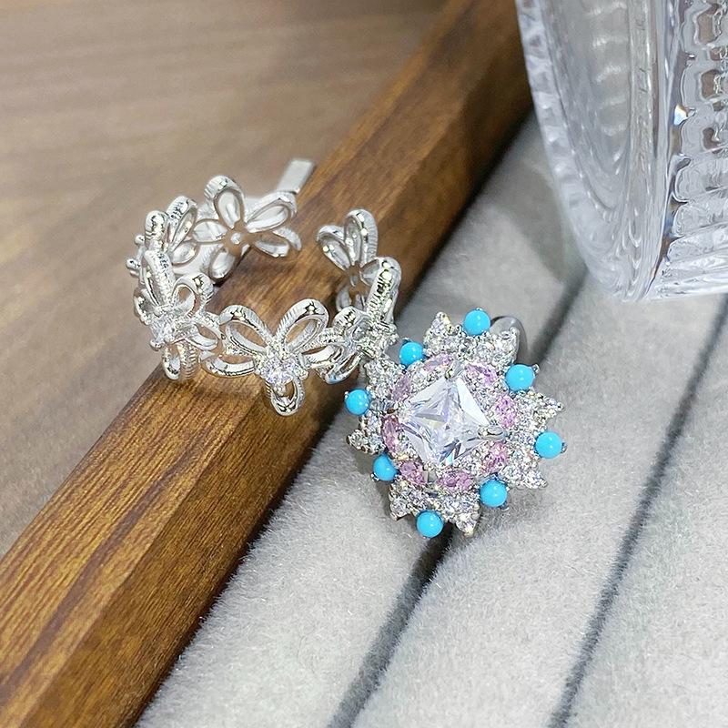 Flowers | Full Of Diamonds, Pink Zircon Imitation Blue Pine Open Ring, Small Daisy High-End Feeling Stacked Ring