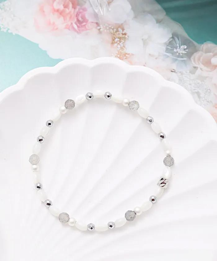 White Oval Mother-of-Pearl & Gray Point Mix Bracelet (PLT-BR-108_WT)