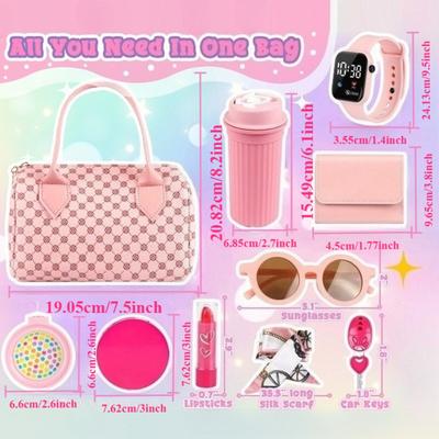 Play Purse for Girls Toddler Purse Pretend Makeup Princess Toys for Kids with Handbag Phone Wristwatch Silk Scarf Birthday Gift
