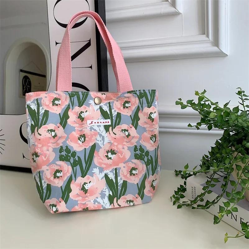 Korean Cloth Handbags Lunch Box Bag Women's Beauty Flower Canvas Bag Outside Shopping Toiletry Phone Oagnzier Storage Bags