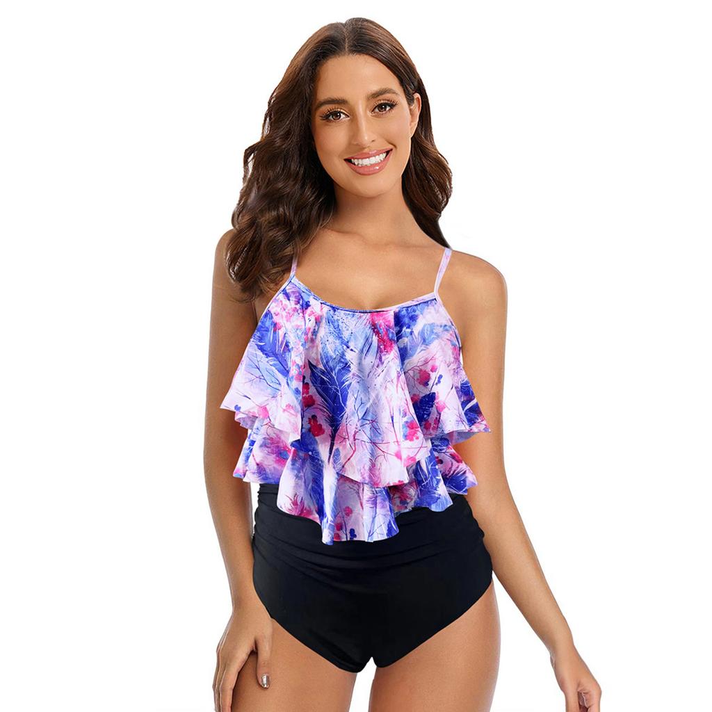 Damen Rüschen Volant Oberteil Hohe Taille Bikini Set Zweiteilig Bauchkontrolle Dezent Bedruckt Sommer Strand Badeanzug Bademode