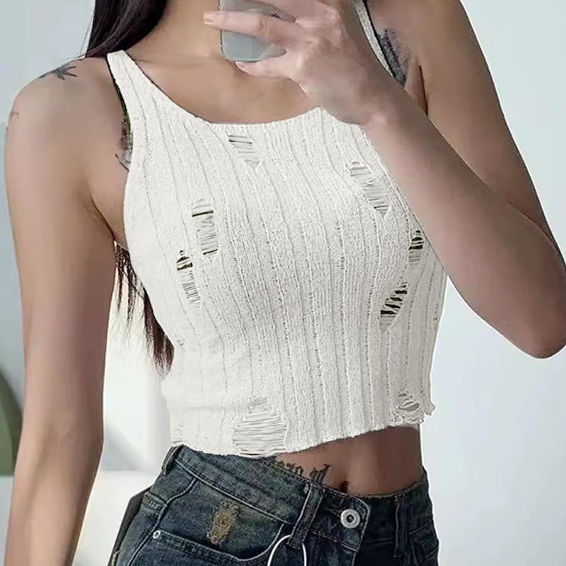 American Hot Girls Sexy Hollow Ripped U-Neck Sleeveless Solid Color Slim Knitted Vest