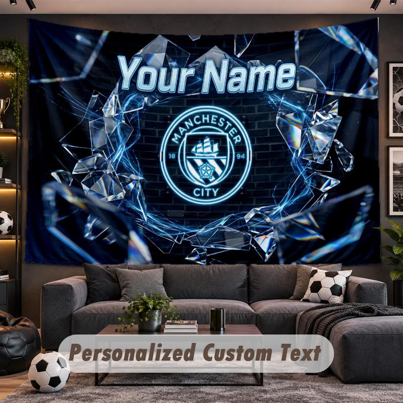 Manchester City Personalized Tapestry Support Custom Name, Wall Art Home Decoration