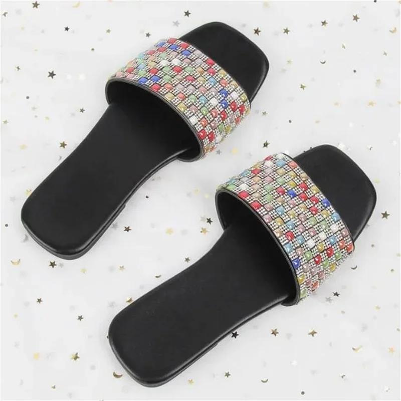 Fashion Lady Slippers Summer New Fashion Open Toed  Roman Shoes for Women Rhinestones Sexy Flat Flip Flops Slides Zapatos Mujer
