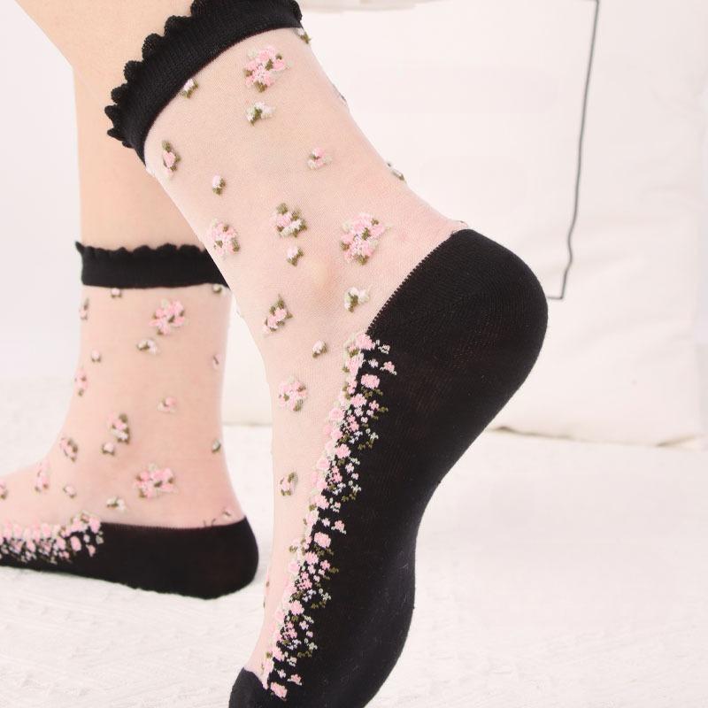 2 Paar Damen-Sommersocken mit Blumenmuster, dünn, transparent, elastisch, atmungsaktiv
