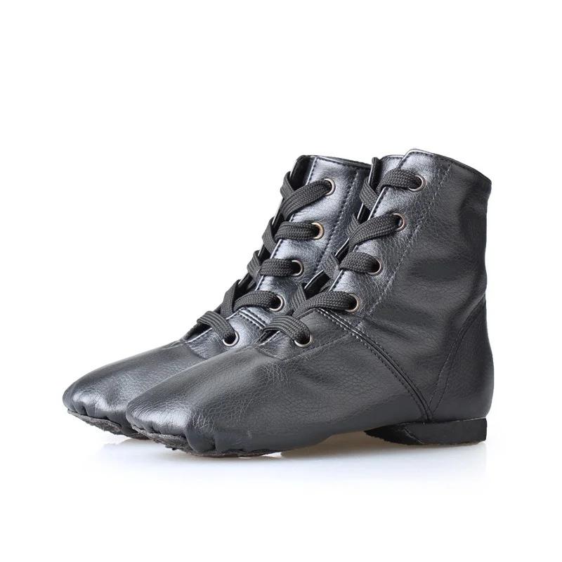 Zapatos de Baile para Niños de Moda Cuero PU Caña Alta Zapatos de Jazz para Hombre Mujer Suela Partida Zapatilla Suave Gimnasio Danza Zapato Negro