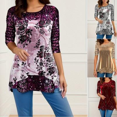 Spring and Autumn European and American Style Women's Top Printed Round Neck T-shirt Fashionable Casual Women's Clothing