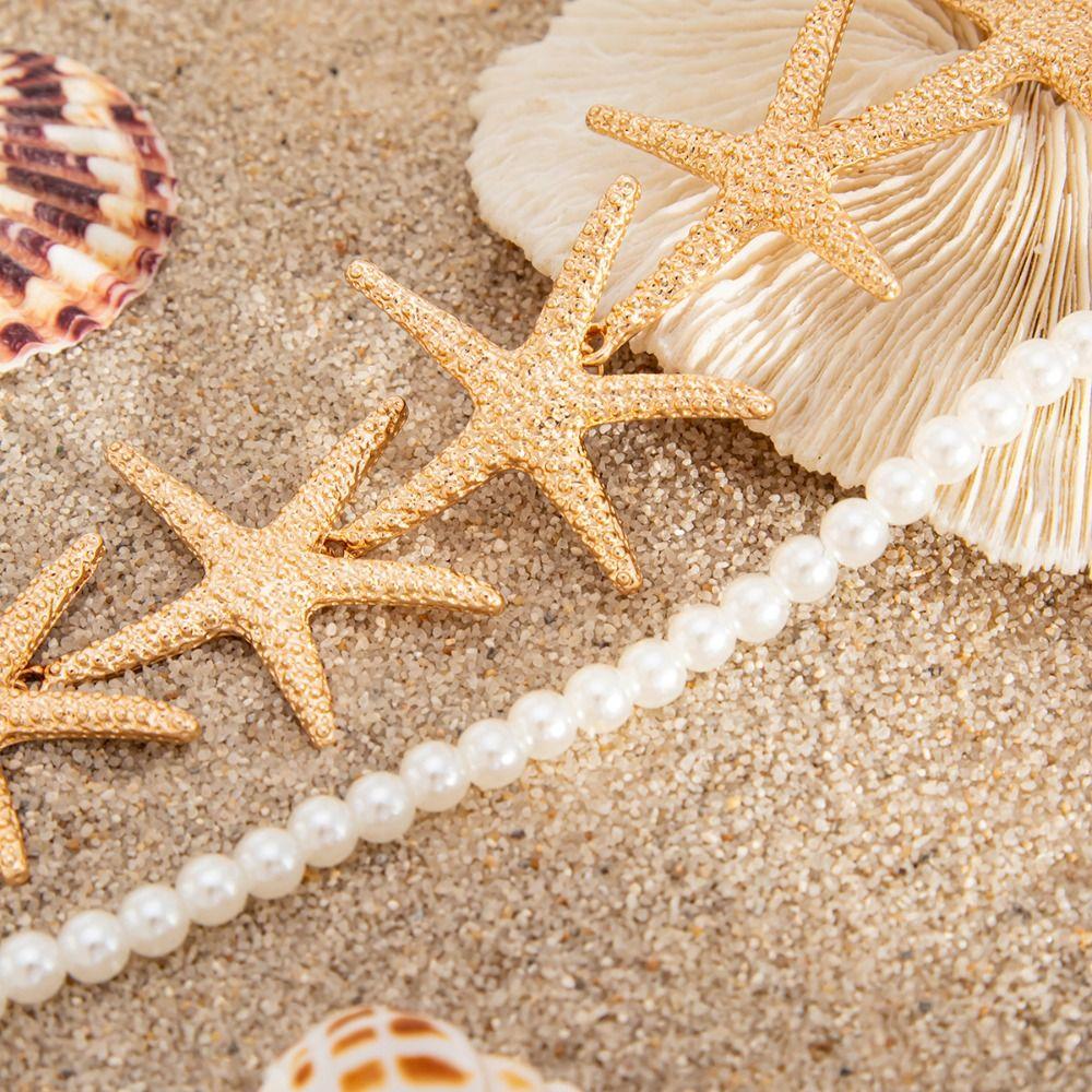 Elegant Starfish Necklace Beach Style Exaggerate Metal Necklace Pearl Shell Necklace  Summer