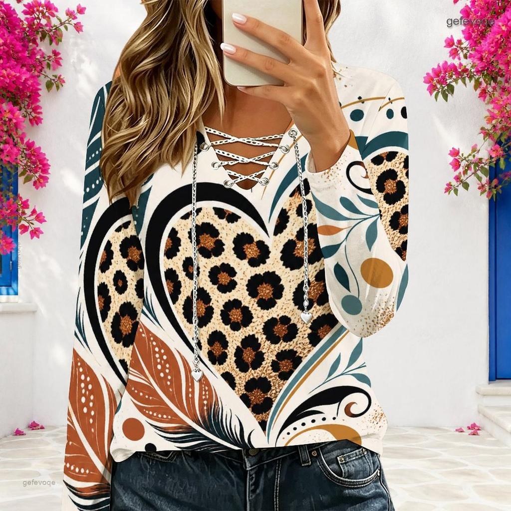 Women Plus Size Red Wine Glass And Golden Leaf Print Lace Up V Neck Long Sleeve Casual Blouse