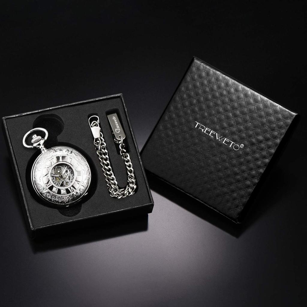 TREEWETO Men's Mechanical Skeleton Pocket Watch Roman Numeral Dial Gift Box Chain
