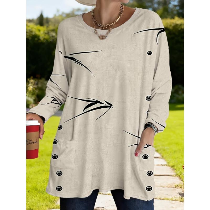 Women s large size with pocket design, simple and fashionable long-sleeved loose T-shirt for women, personalized arrow print design S