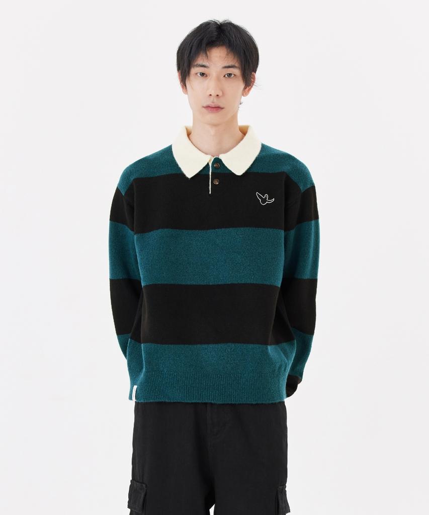 MARK GONZALES Angel Wappen Striped Polo Knit - D/Green