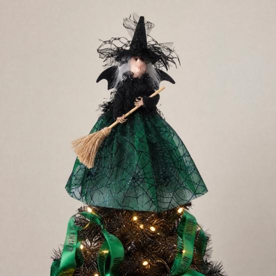 Halloween Witch Tree Topper Decoration Witch Holding Broom Ornament Witch with Mesh Spider