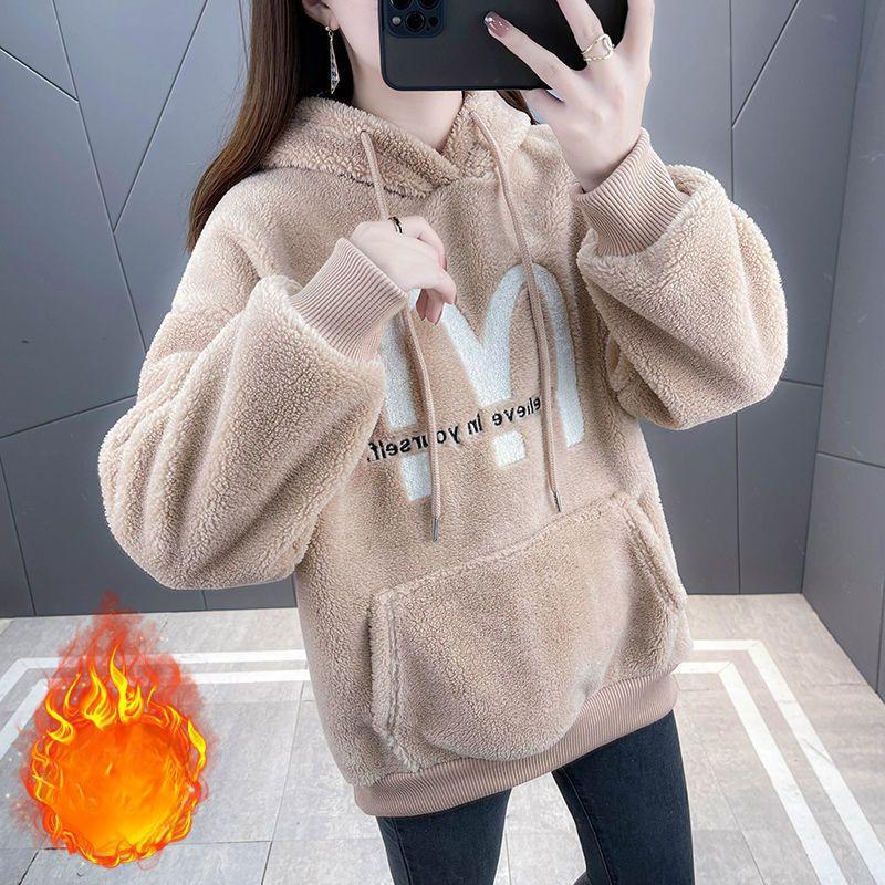 

Толстовка из овечьего бархата на зиму, утолщенное новое пальто для женщин, двусторонний флис, студенческий свободный корейский топ, ленивый S