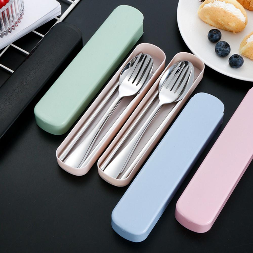 4Pcs/Set Portable Travel Tableware Set Stainless Steel Dinnerware With Box Kitchen Fork Spoon Dinner Set For Kid School Cutlery